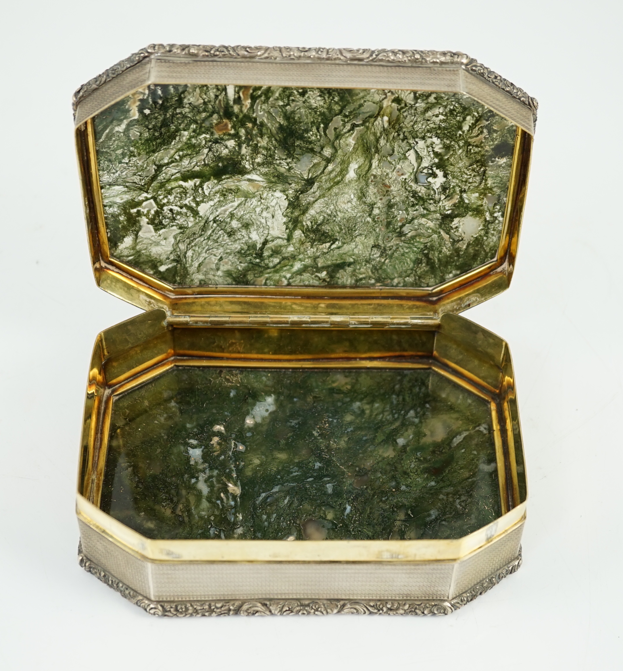 An early Victorian engine turned silver and inset moss agate box and cover, by Sampson Mordan I
